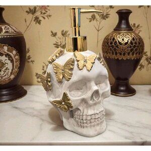 New White Skull W/ Gold Butterflies Halloween Soap Dispenser Spooky Decoration